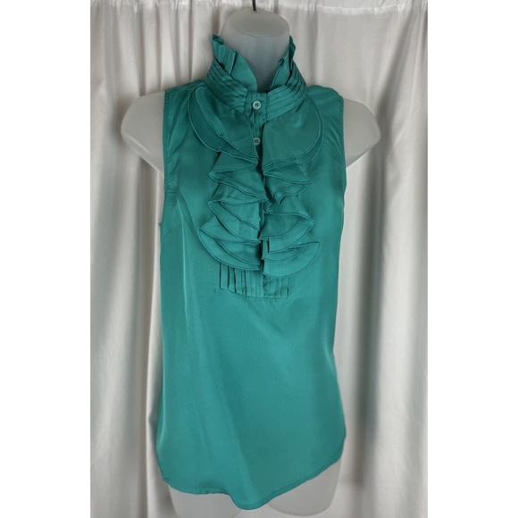 Willi Smith 100% Silk Ruffle Neck Top, Aqua Blue M coquettish victorian 57-16 - Picture 1 of 16